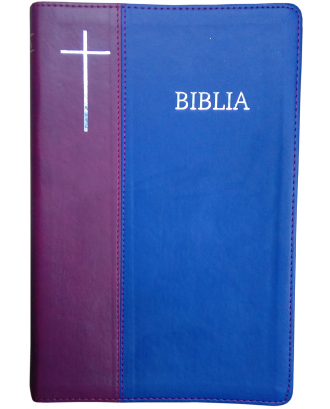 Biblie mare de lux în piele ecologică de culoare visiniu cu albastru, stantat Biblia cruce argintată pe margini, cuvintele lui Isus scrise cu roşu.