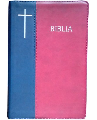 Biblie mare de lux în piele ecologică de culoare albastru inchis cu visiniu, index de cautare, argintată pe margini, cuvintele lui Isus scrise cu roşu.
