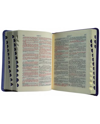 Biblie mica de lux in piele ecologica de culoare mov cu index de cautare argintata pe margini cuvintele lui Isus scrise cu roşu