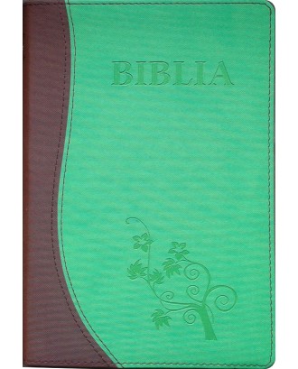 Biblia NTR, coperta ecologică moale, maro/verde deschis, simplă, ştanţat Biblia şi floare.