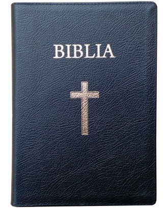 Biblie mare de lux cu index în piele cu fermoar culoare neagră, aurie pe margini ştanţat BIBLIA şi cruce.