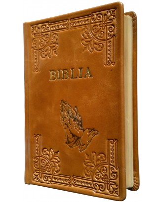 Biblie - Hand Made, mijlocie de lux in piele de culoare maro deschis, aurită pe margini, ştanţat BIBLIA şi mâini.