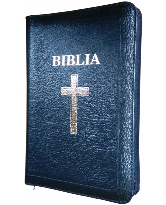 Biblie mijlocie de lux in piele cu index, fermoar culoare neagră, aurită pe margini, ştanţat cruce si BIBLIA.