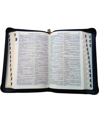 Biblie mijlocie de lux in piele cu index, fermoar culoare neagră, aurită pe margini, ştanţat BIBLIA.
