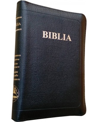 Biblie mică de lux in piele cu index, fermoar culoare neagră, aurită pe margini, ştanţat BIBLIA.