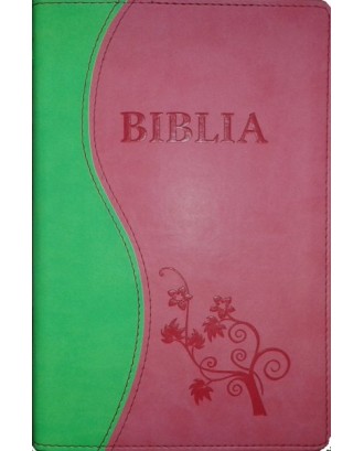 Biblia NTR, coperta ecologică moale, verde deschis/ roz, simplă, ştanţat Biblia şi floare.