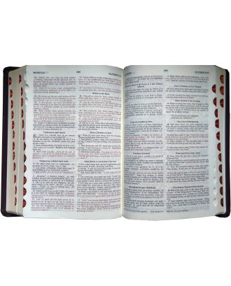 Biblia - Holy Bible - Ediţie bilingvă de lux cu index de căutare, aurită pe margini, culoare vişiniu, cuvintele Domnului în roşu.