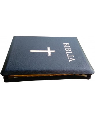 Biblie mare de lux cu index în piele cu fermoar culoare neagră, aurie pe margini ştanţat BIBLIA şi cruce.