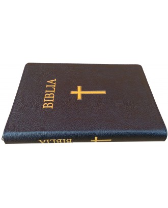 Biblie foarte mare de lux cu index în piele cu fermoar culoare neagră, aurie pe margini ştanţat BIBLIA şi cruce.