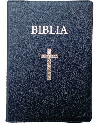 Biblie foarte mare de lux cu index în piele cu fermoar culoare neagră, aurie pe margini ştanţat BIBLIA şi cruce.