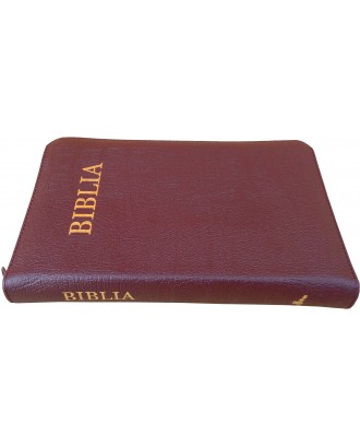 Biblie medie de lux cu index în piele cu fermoar culoare vişinie, aurie pe margini ştanţat BIBLIA.